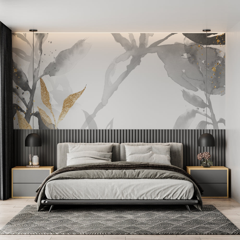 Grey and gold watercolor leaf wallpaper in modern living room with natural light