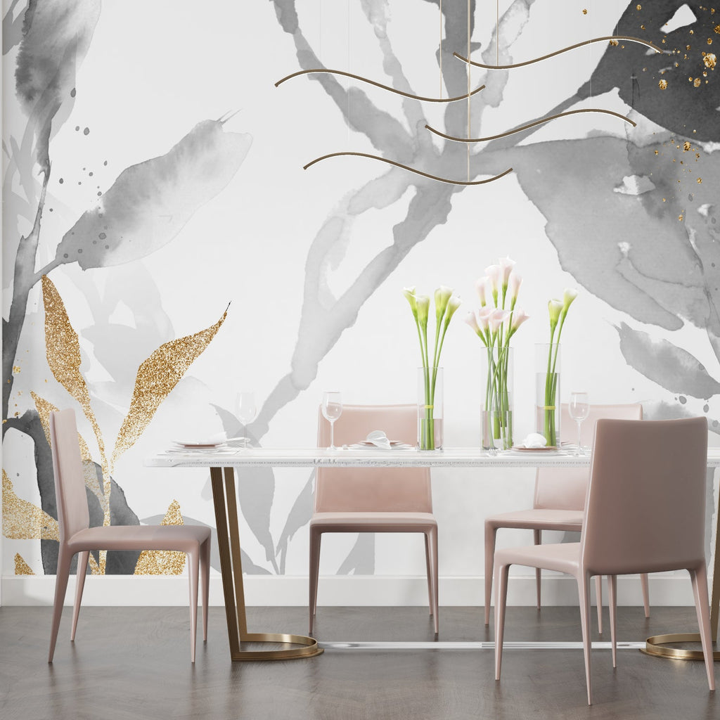Grey and gold botanical wallpaper in hallway setting