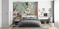 Japanese Cherry Blossom wallpaper in modern living room with natural light highlighting the delicate floral pattern