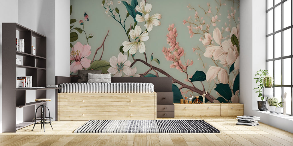 Cherry Blossom wall mural creating serene atmosphere in master bedroom