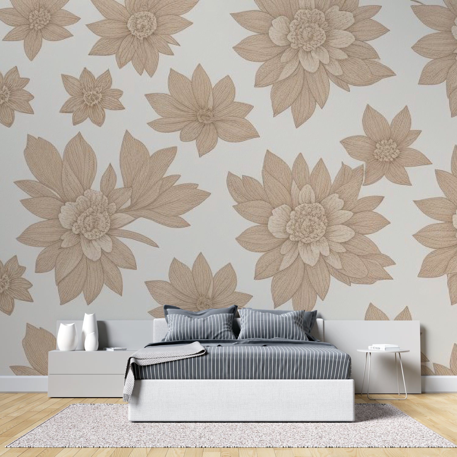 Beige flower wall mural creating elegant backdrop in master bedroom setting