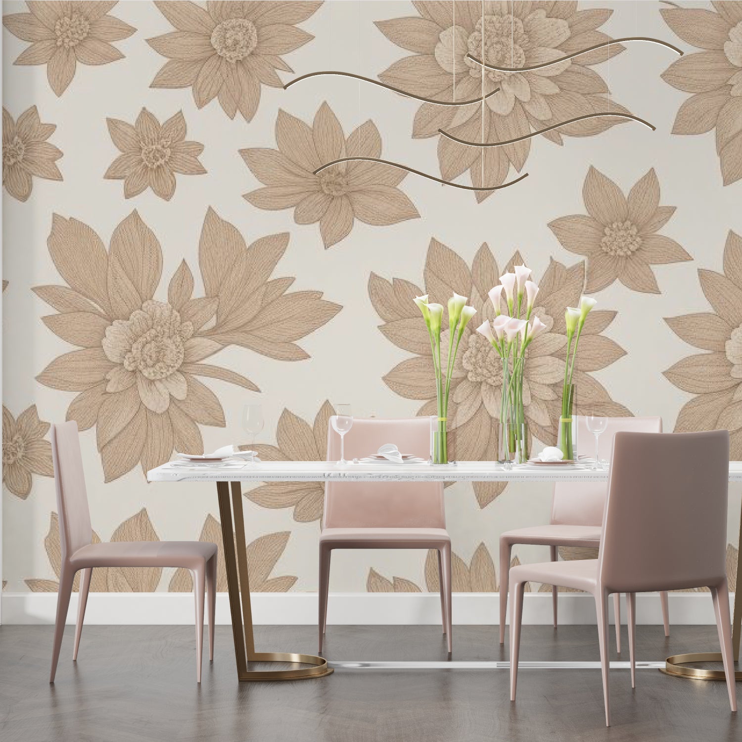 Floral mural wallpaper showcased in bright dining room with wooden furniture