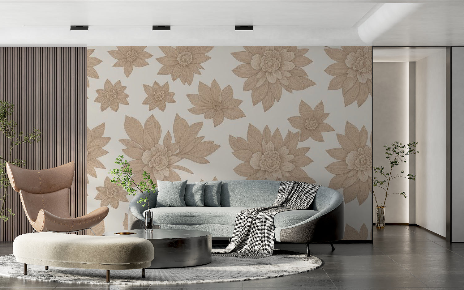 Modern floral wall mural application in entrance hallway with natural lighting