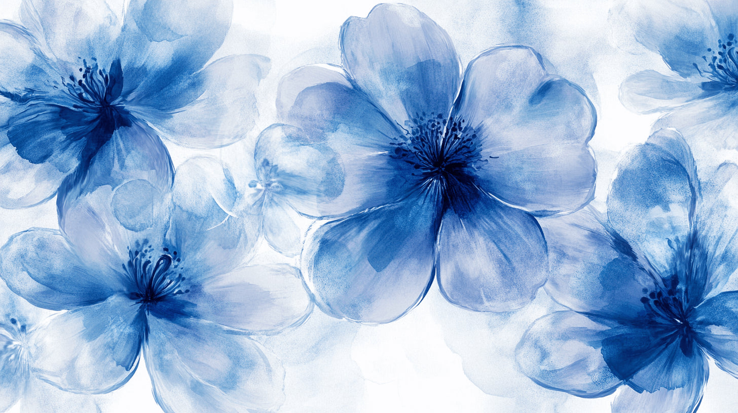 Blue watercolor flower wallpaper design file showing intricate botanical pattern detail