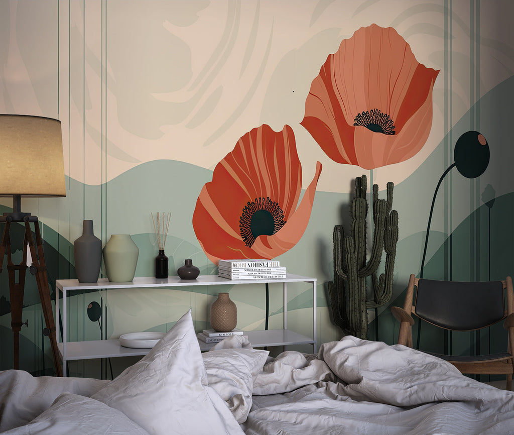 Large coral poppy wall mural in modern living room with minimal furniture and natural light