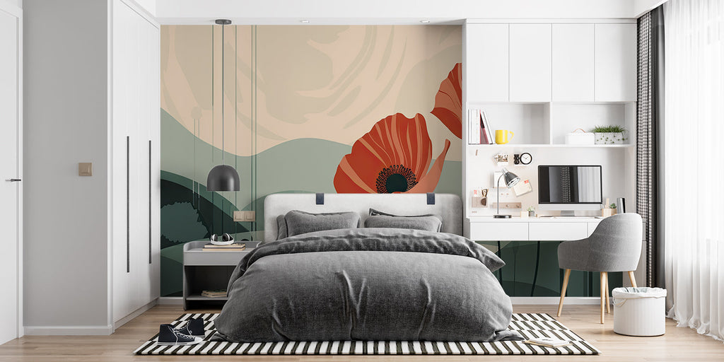 Desert flower wallpaper creating focal point in master bedroom with earth-toned decor