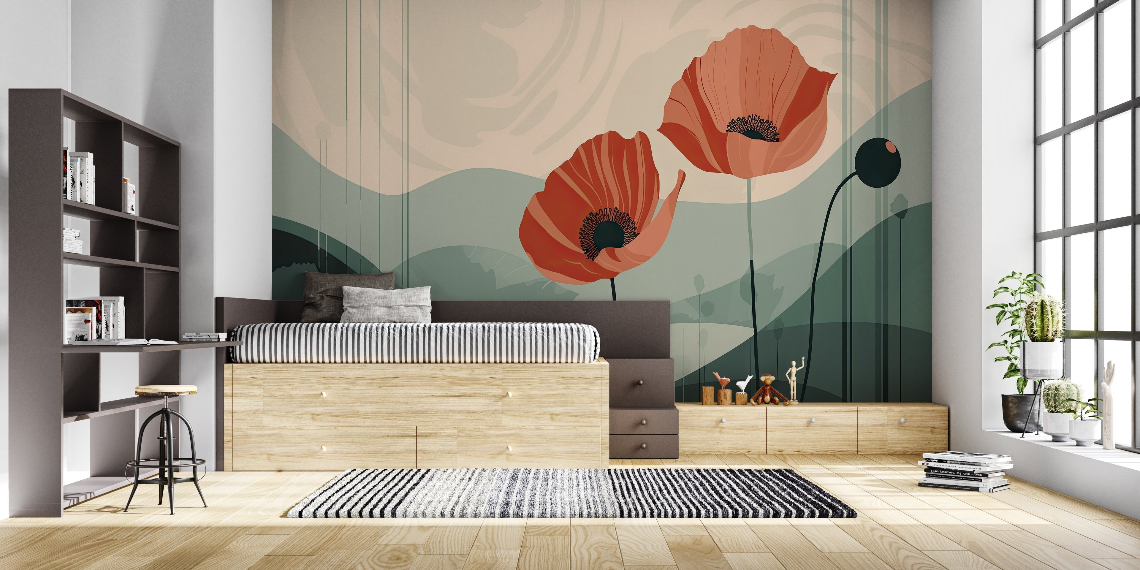 Botanical wall mural featuring coral poppies in bright home office setting