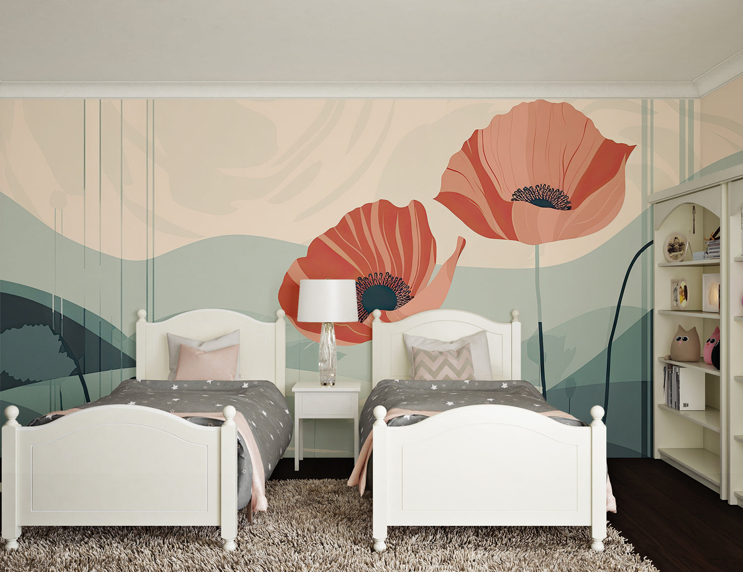 Floral mural wallpaper showcased in dining room with contemporary furniture