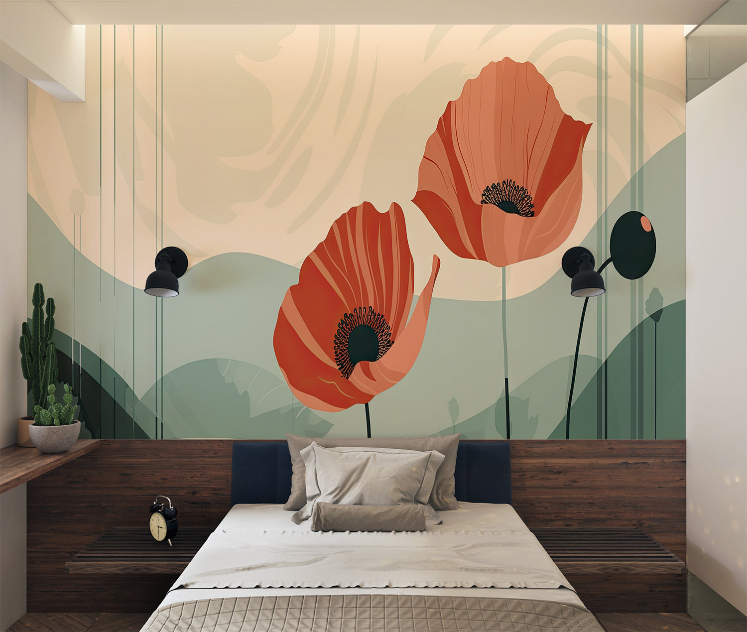 Desert-inspired poppy wallpaper in meditation room with natural textures
