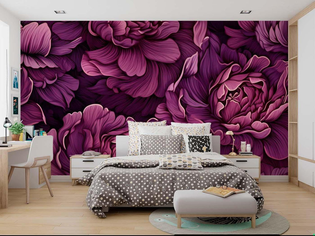 Purple Peony Mural in dining room with crystal chandelier