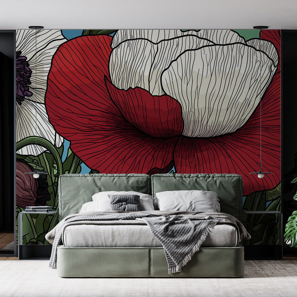Red and white poppy wallpaper creating a stunning feature wall in a bright modern living room with minimal furniture