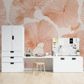 Large scale terracotta floral wallpaper creating a calm atmosphere in a modern living room setting