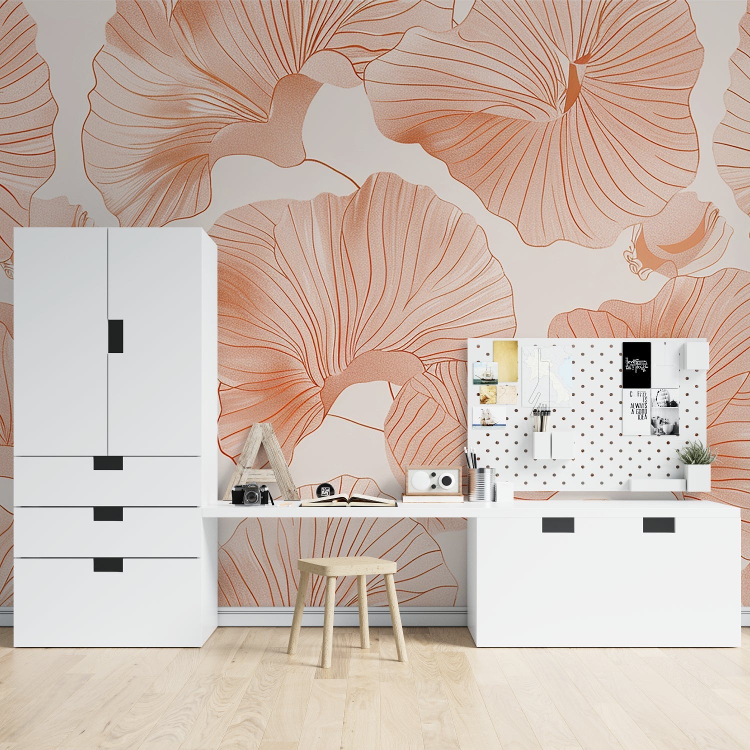 Large scale terracotta floral wallpaper creating a calm atmosphere in a modern living room setting