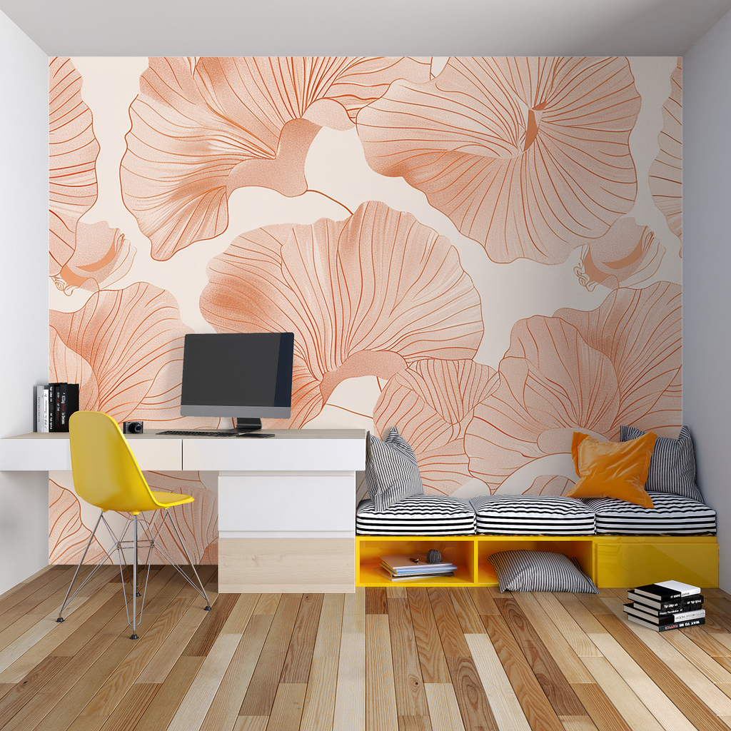 Botanical wall mural with terracotta petals adding warmth to a minimalist bedroom