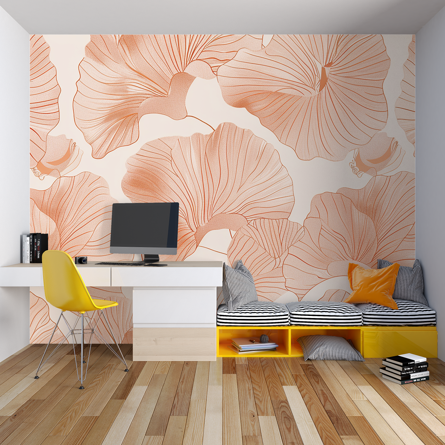 Botanical wall mural with terracotta petals adding warmth to a minimalist bedroom