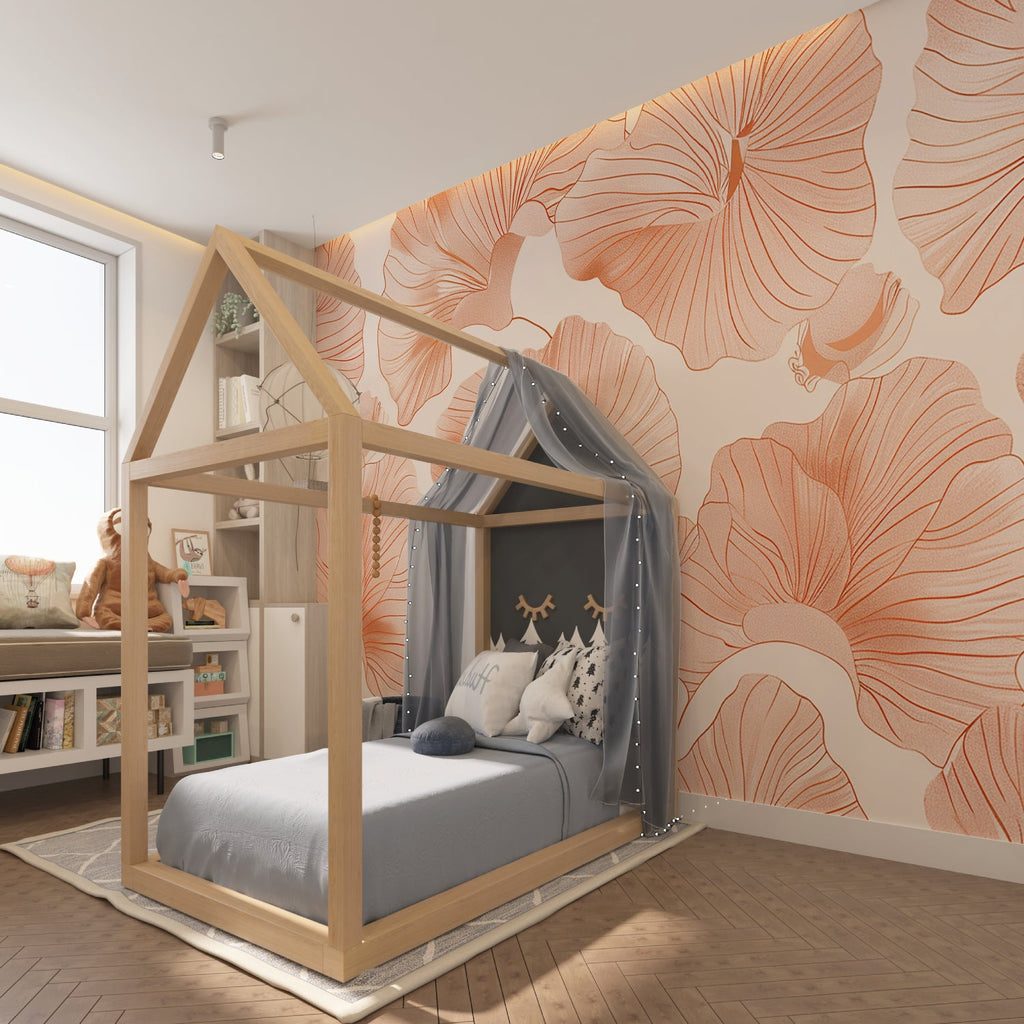 Floral wall mural featuring soft terracotta tones in a cozy home office space