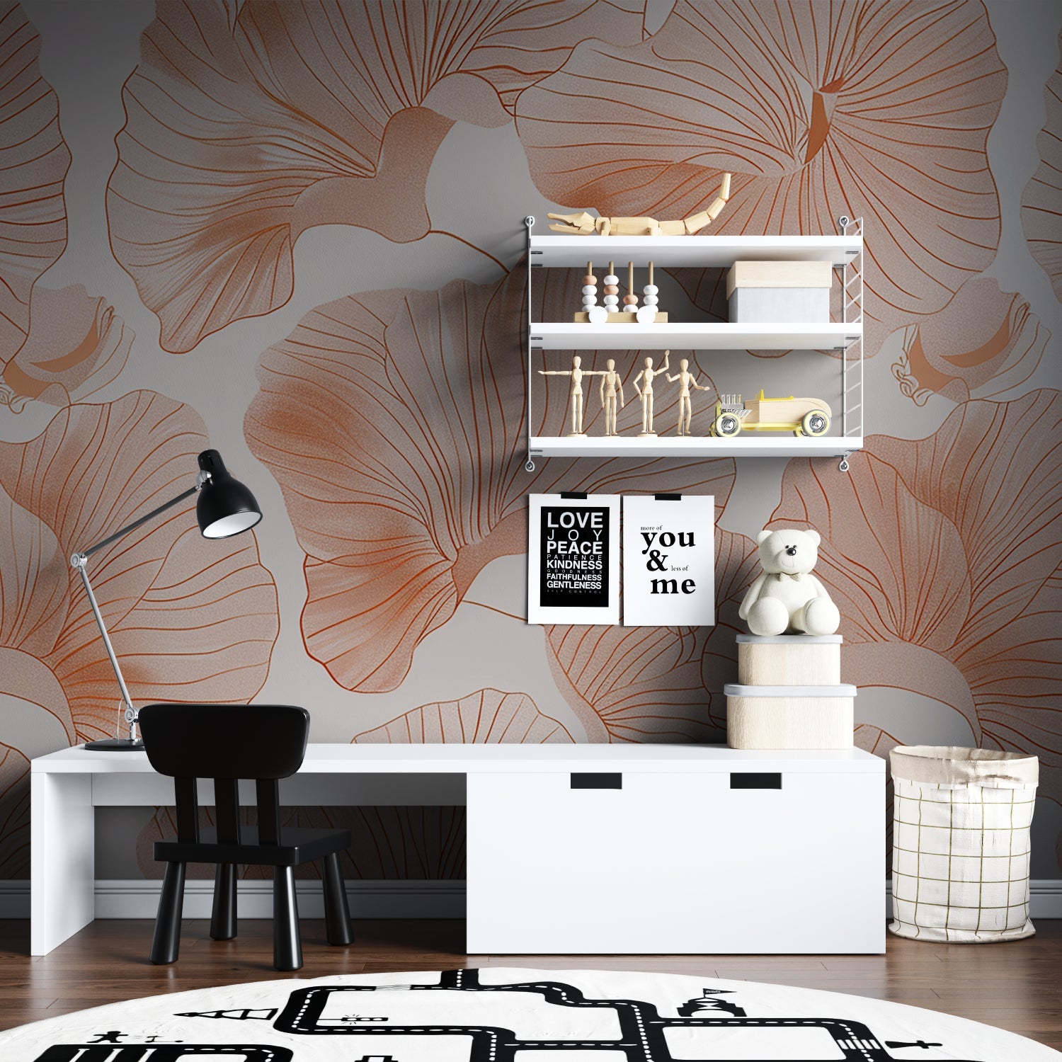Terracotta floral mural creating an elegant backdrop in a master bedroom