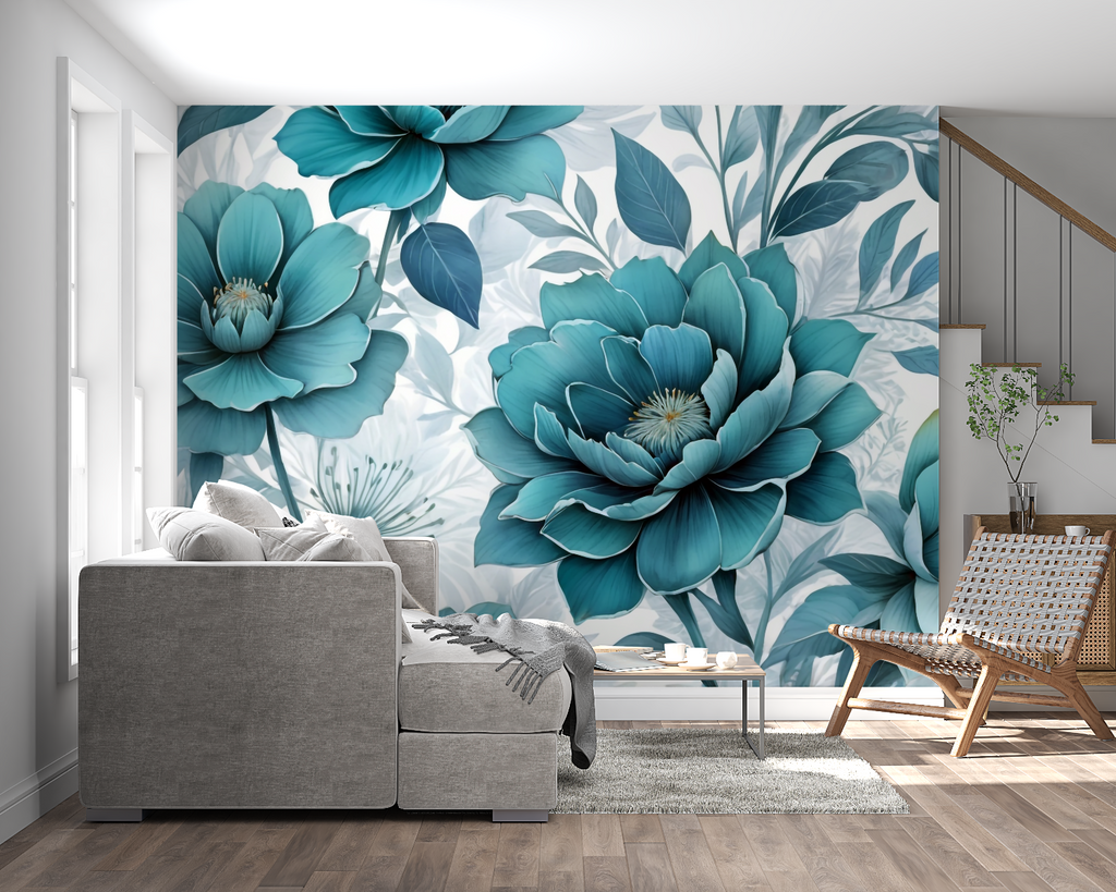 Large scale floral wall mural in entrance hall showing full pattern repeat
