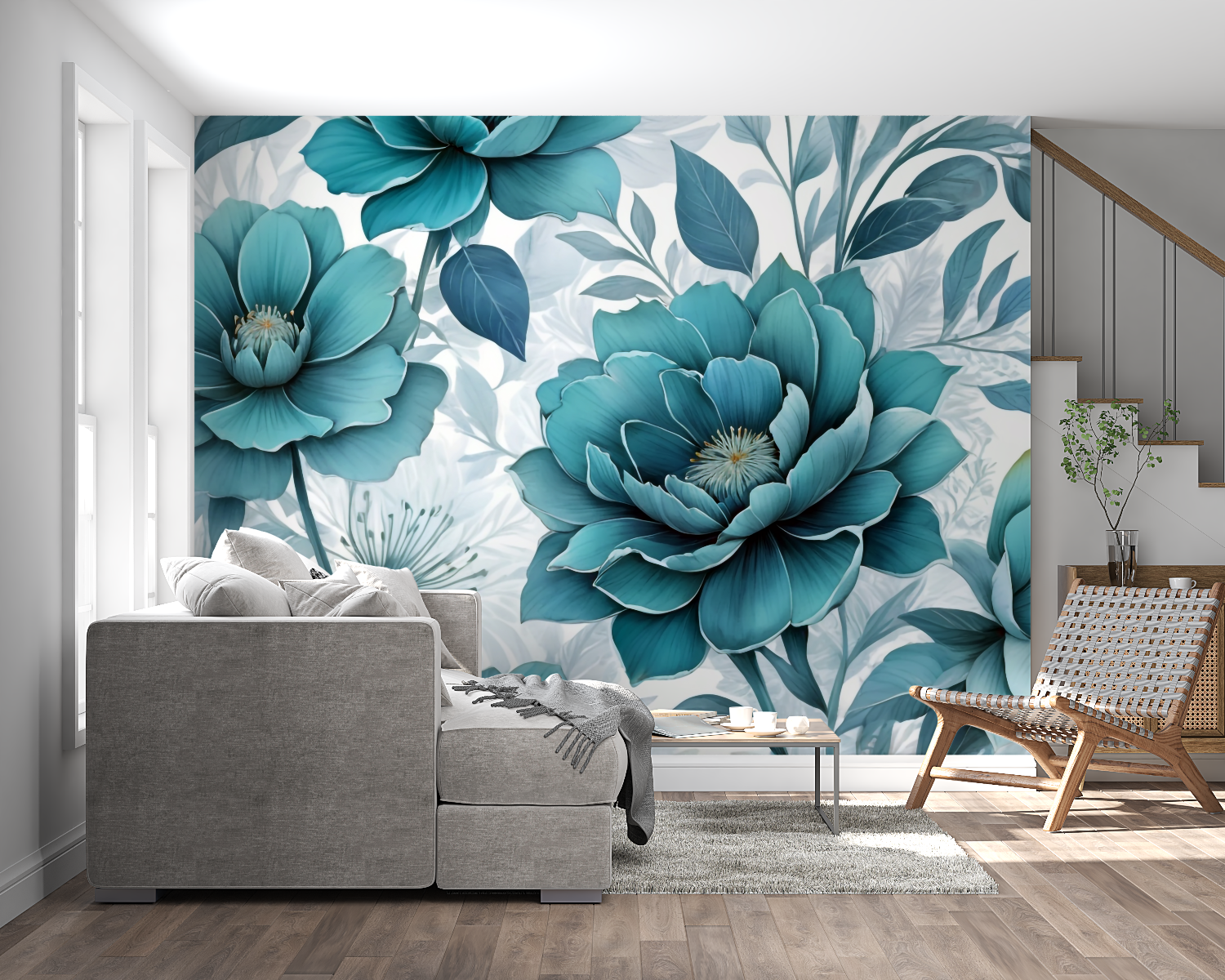Large scale floral wall mural in entrance hall showing full pattern repeat
