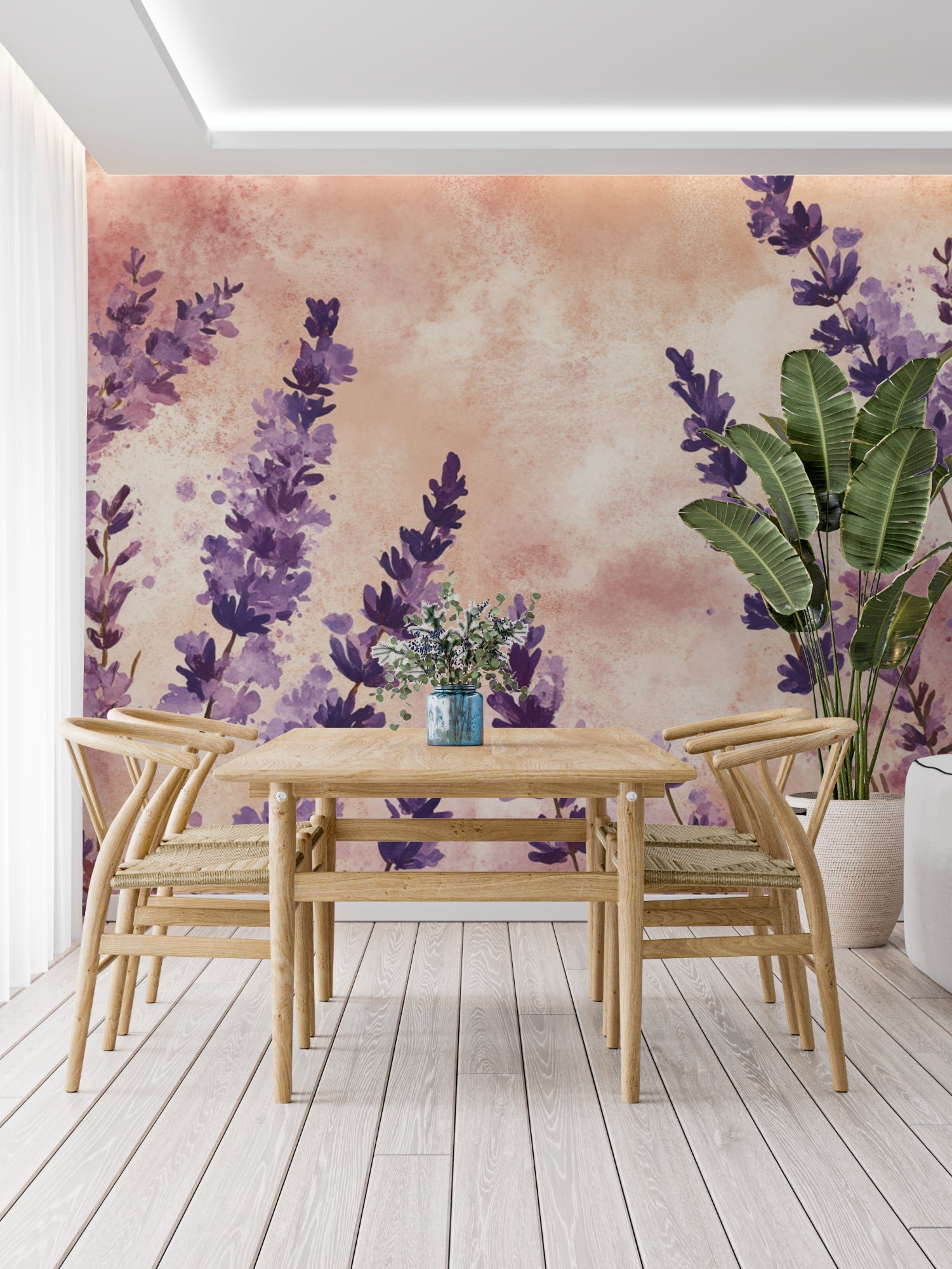 Watercolor flower wall mural in master bedroom with white bedding