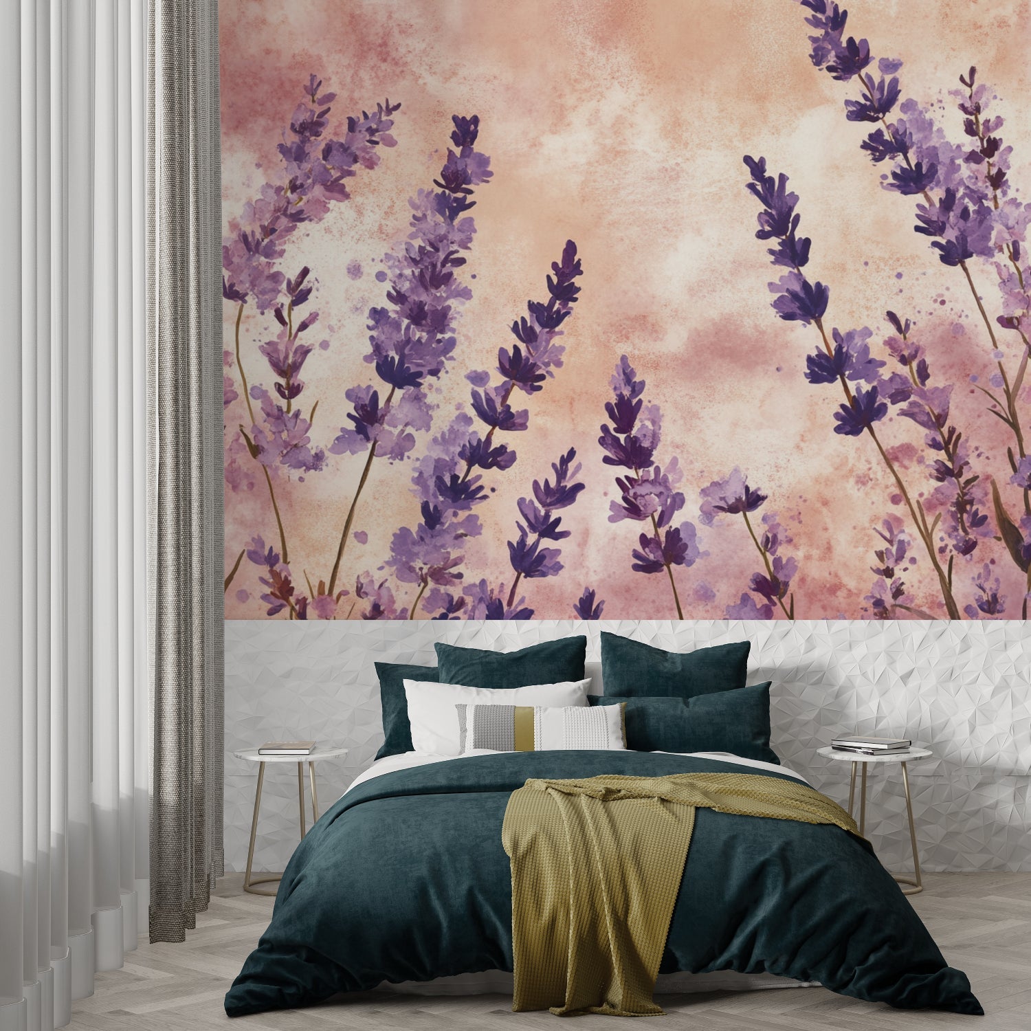 Botanical wall mural in dining room with wooden table and pendant lights