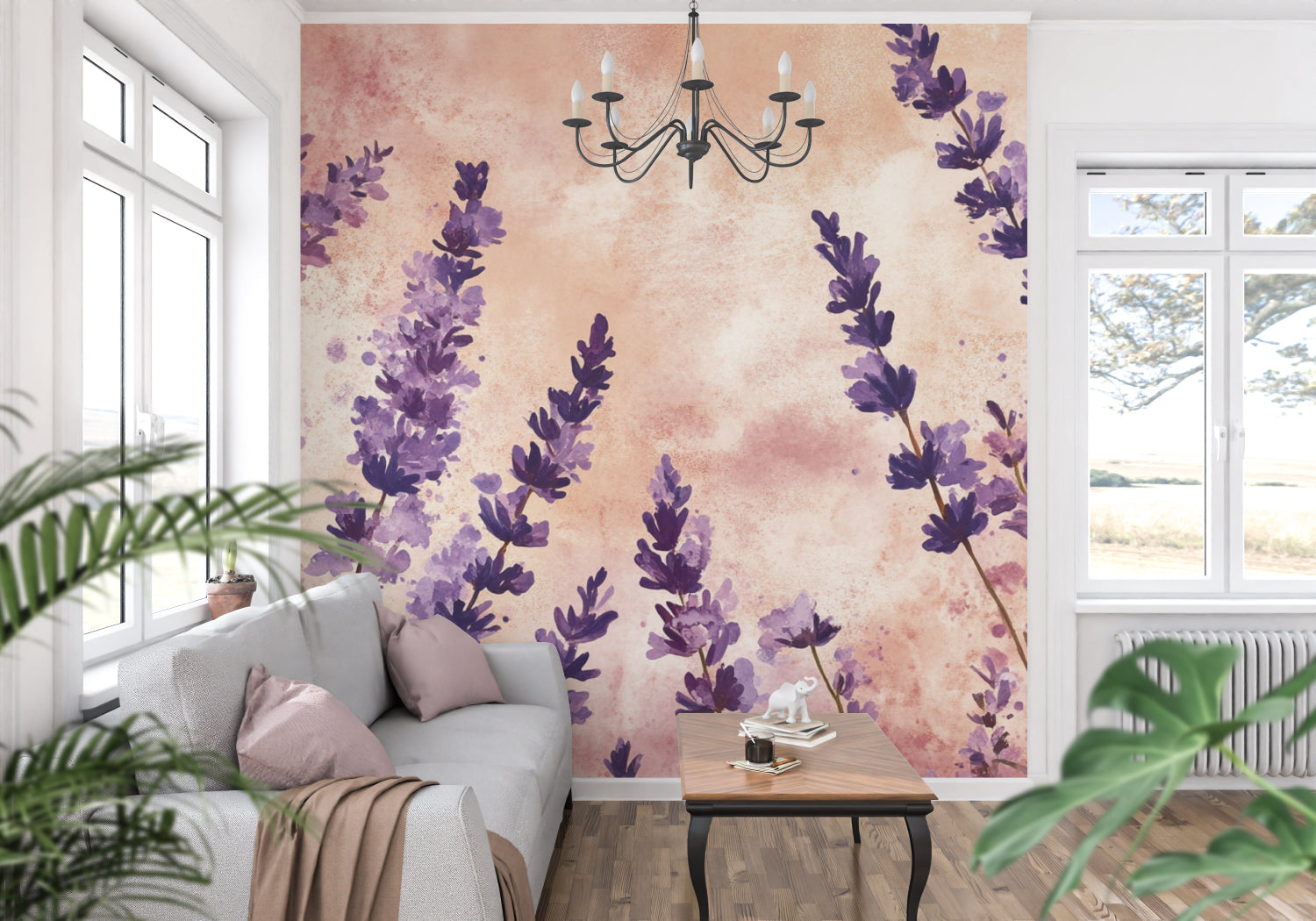 Floral mural wallpaper in entryway with console table and mirror