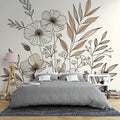Botanical line art wallpaper creating an elegant atmosphere in a modern living room with minimalist furniture