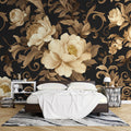 Luxury Black and Gold Peony Wallpaper creating dramatic impact in modern living room with pendant lighting