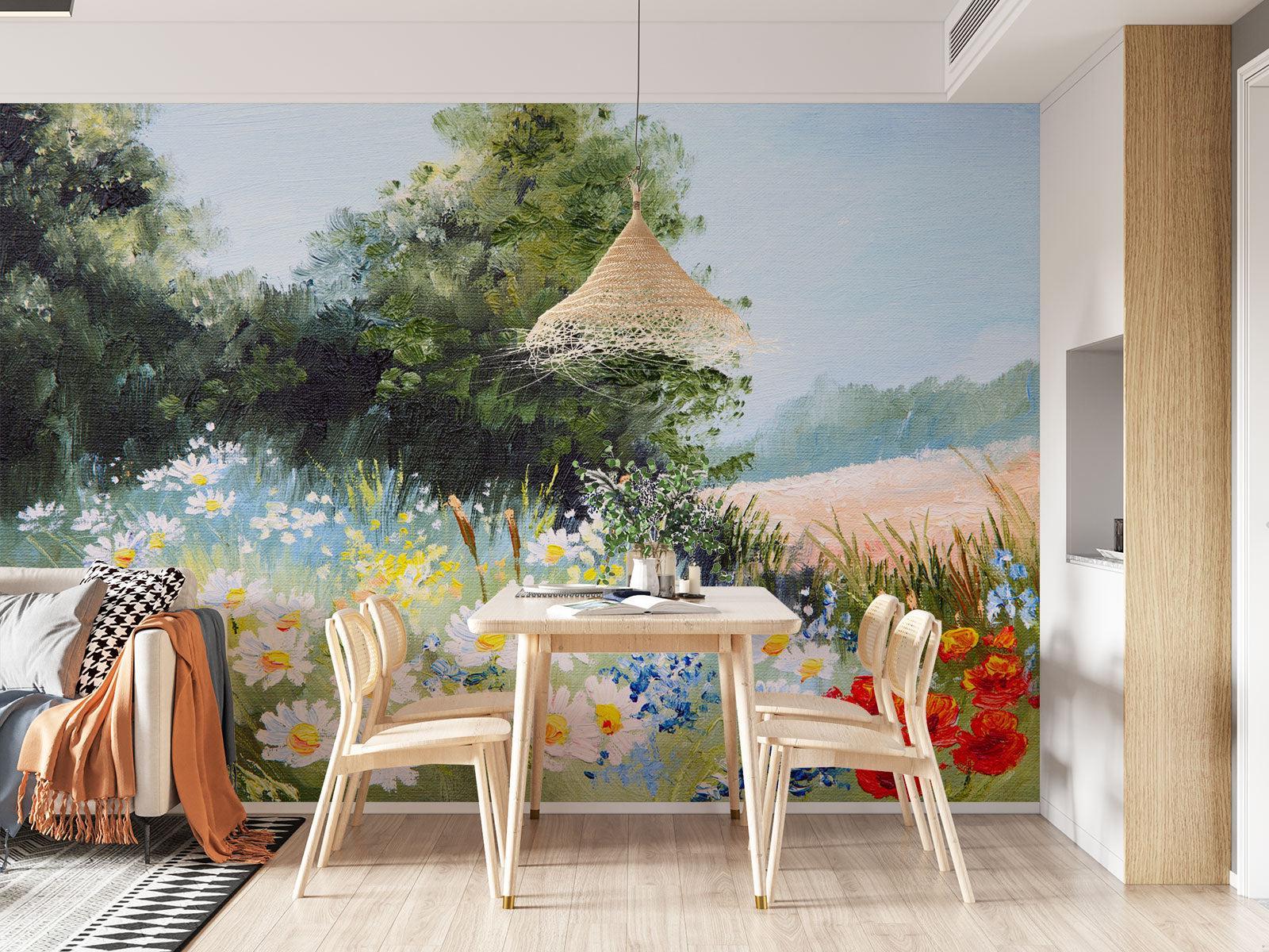 Wildflower wall mural bringing summer charm to a cozy bedroom setting