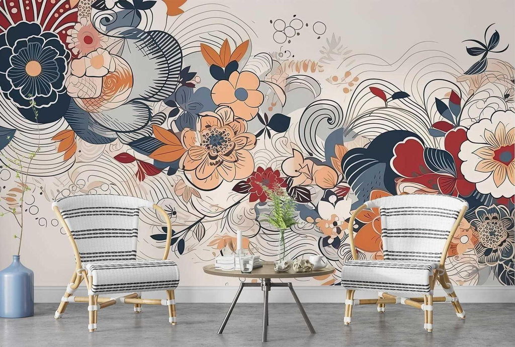 Navy and coral floral wall mural adding sophistication to a dining room with modern furniture