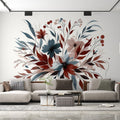 Modern floral wallpaper in blue and terracotta colors bringing life to a minimalist living room