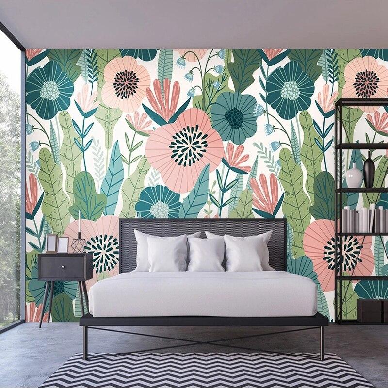 Modern pink and teal Floral Mural Wallpaper creating a fresh atmosphere in a bright living room setting