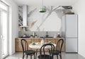 Modern grey and gold floral wallpaper in a bright living room setting with minimal furniture
