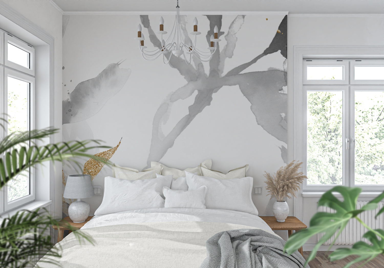 Grey and gold floral wall mural in a modern dining room space