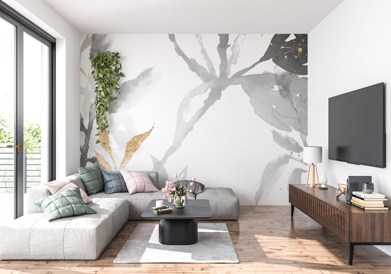 Watercolor wall mural showcased in a contemporary home office setting