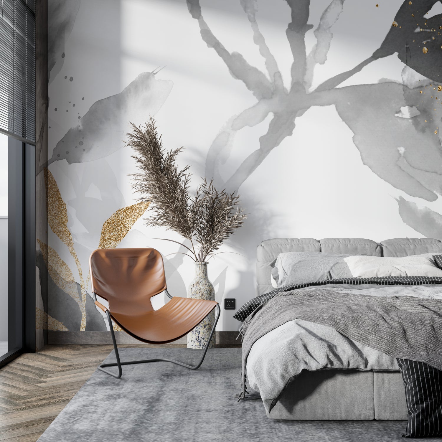 Modern floral wallpaper application in a luxury hotel lobby setting