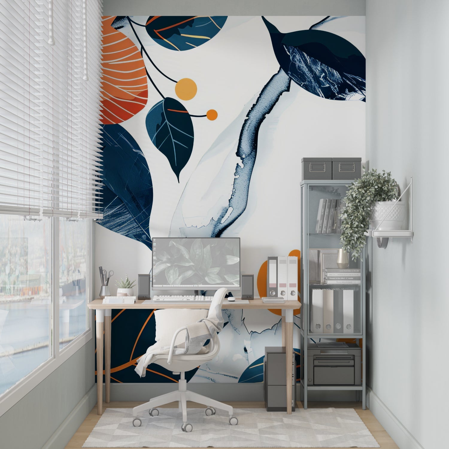 Modern floral mural wallpaper with navy leaves and orange flowers in a master bedroom