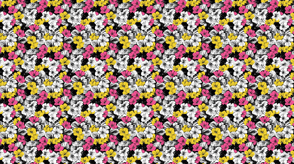 Pink and yellow modern floral pattern design file on black background showing full repeat