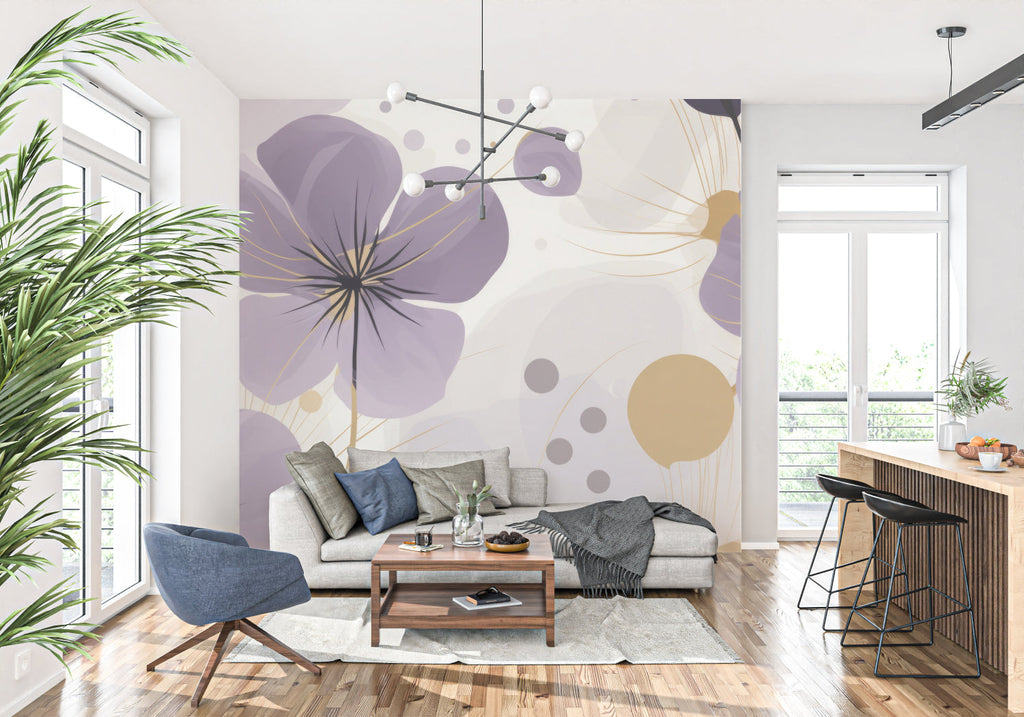 Purple and gold botanical wallpaper in a home office setting