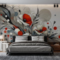 Modern red poppies wallpaper creating a bold statement wall in a minimalist living room