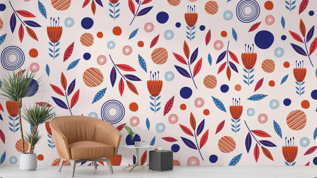 Nordic floral wall mural in modern home office, geometric pattern creating a cozy yet professional atmosphere