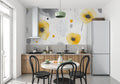 Modern yellow floral wallpaper in bright living room setting, showing watercolor blooms against white walls