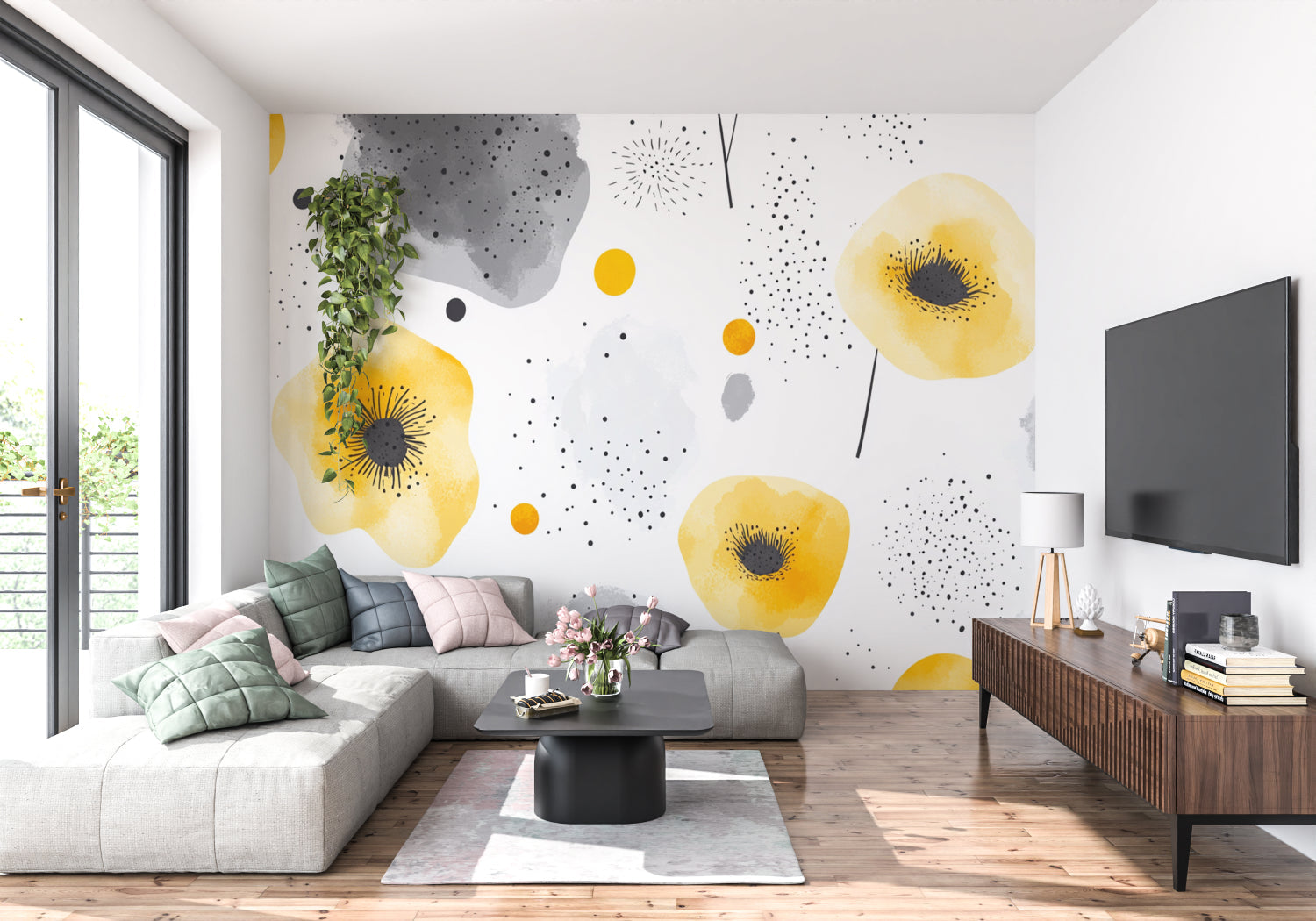 Watercolor flower wallpaper brightening home office space with natural light