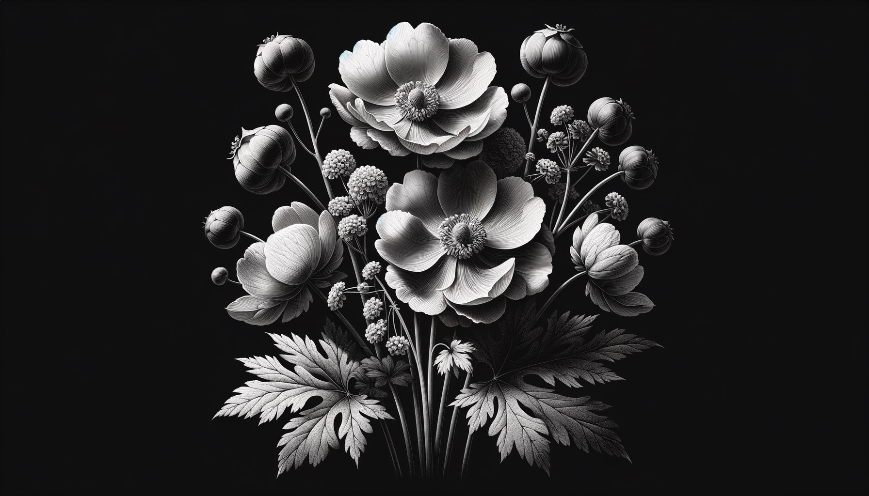 Monochrome anemone wall mural featured in master bedroom adding sophisticated charm