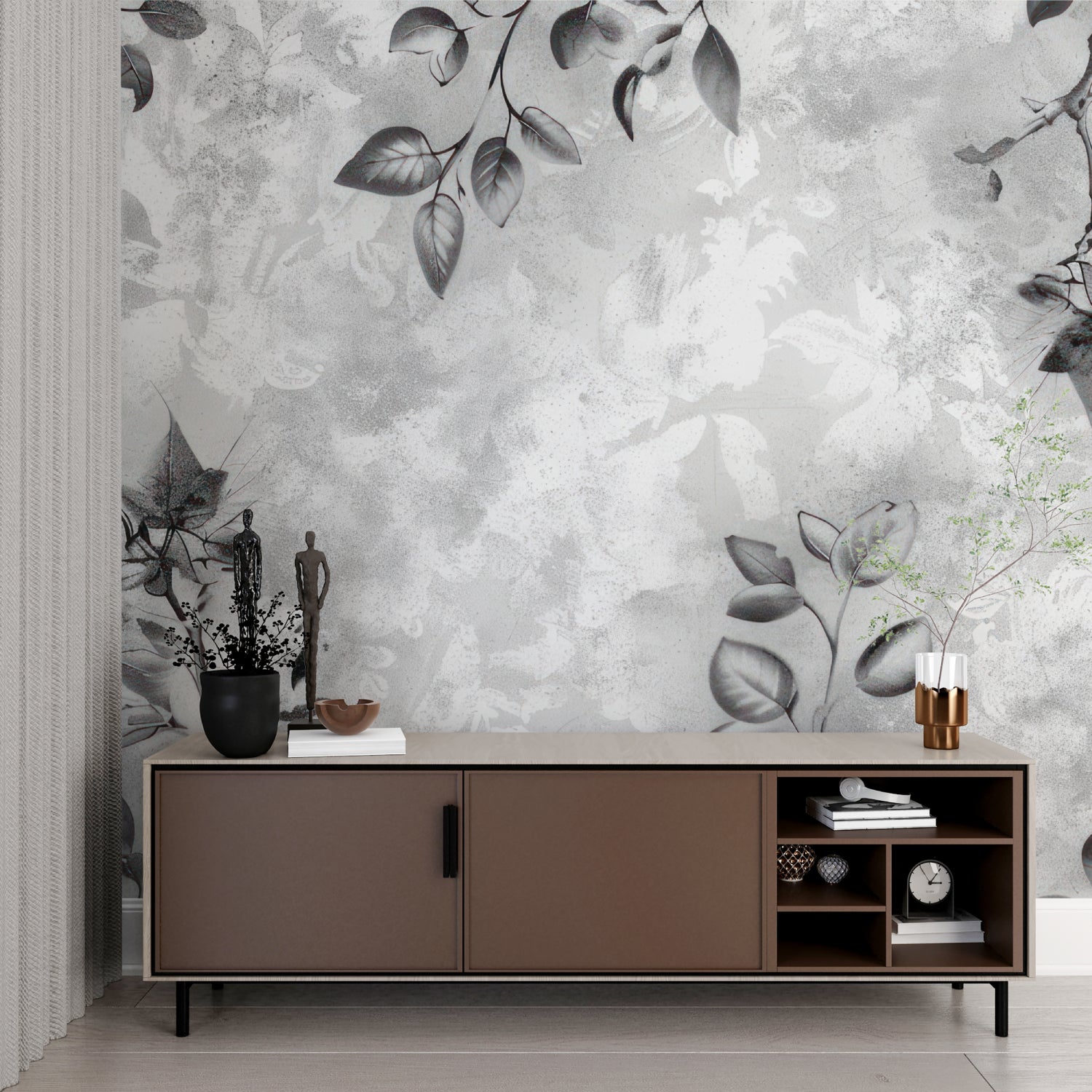 Monochrome botanical wallpaper creating depth in modern dining room
