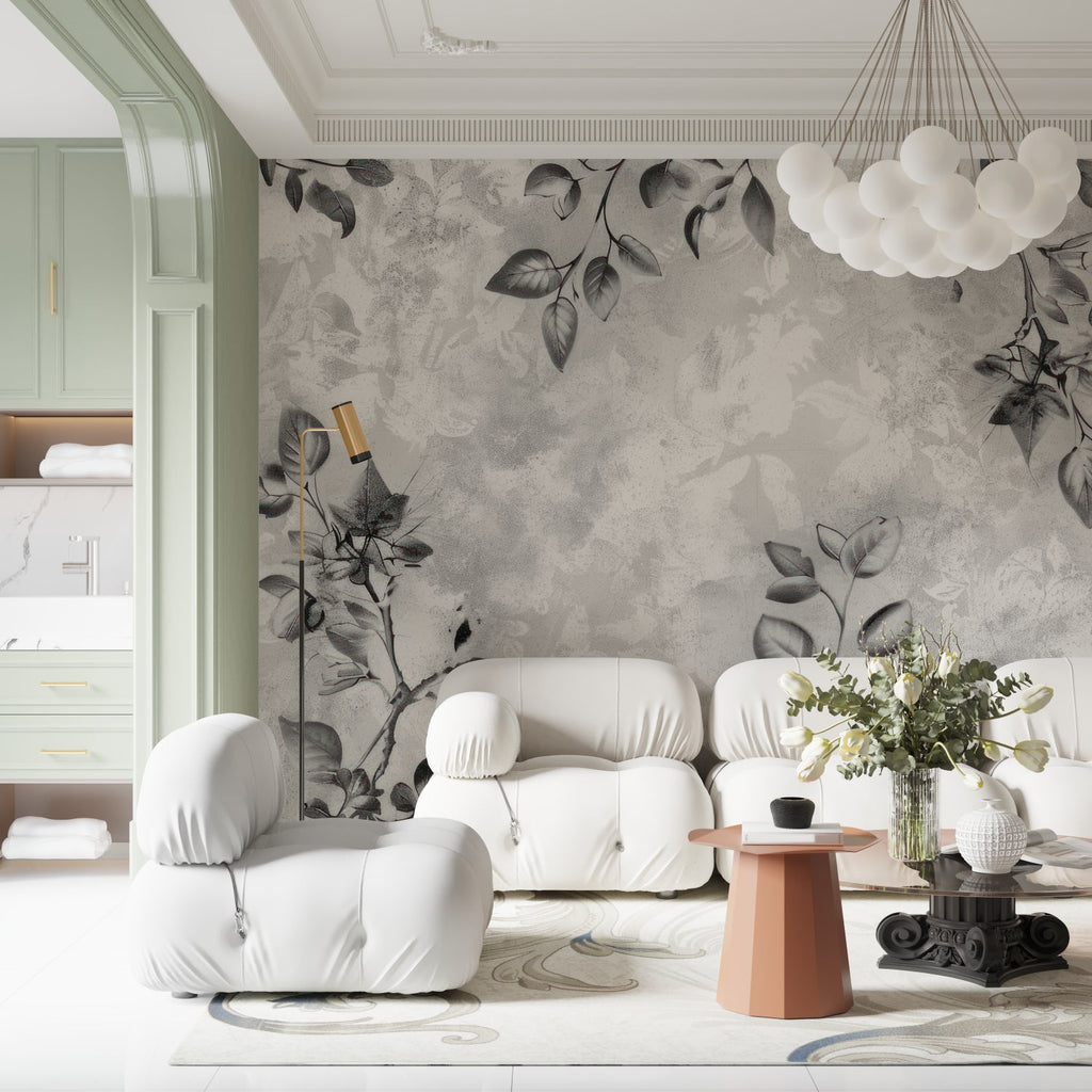Botanical grey leaf pattern enhancing home office space