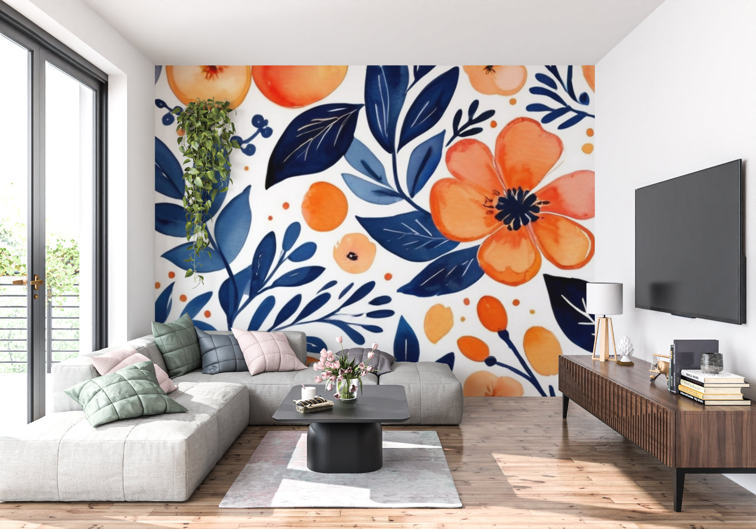 Modern floral wallpaper pattern adorning a cozy bedroom wall