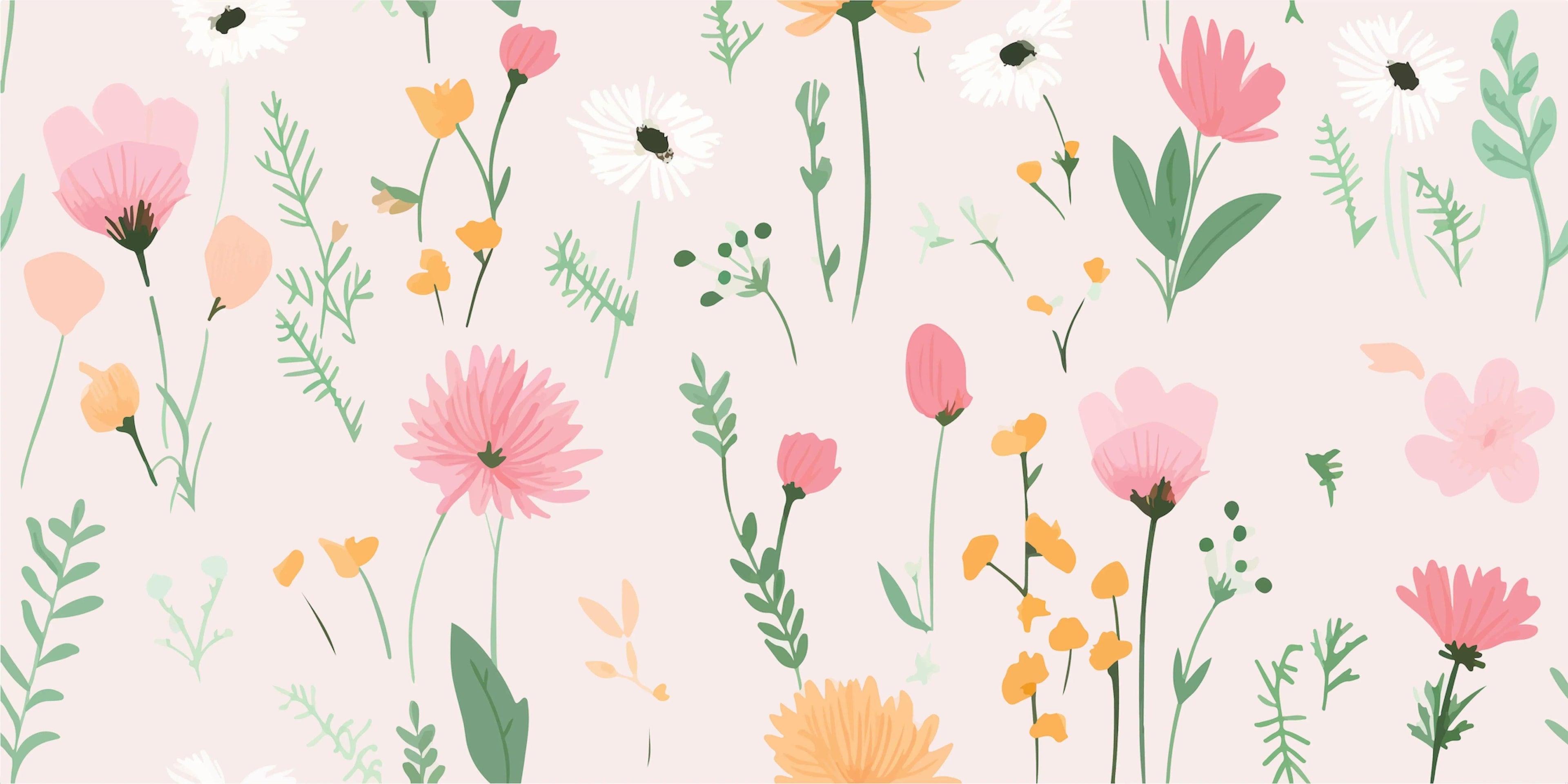 Design file of pastel garden wallpaper with delicate poppies and daisies pattern