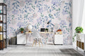 Floral garden wallpaper with lavender blooms creating a peaceful atmosphere in a modern living room