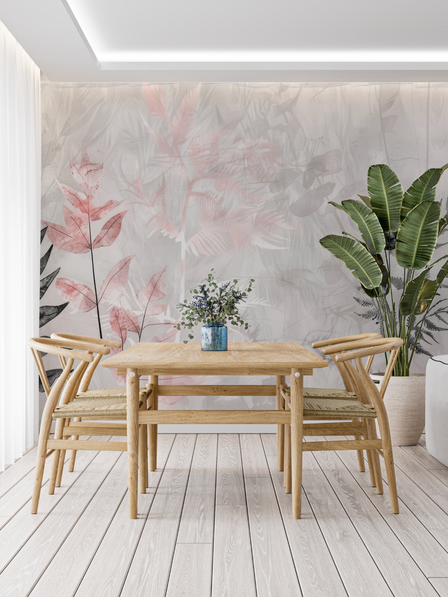 Pink and grey botanical wallpaper in modern living room creating fresh natural atmosphere